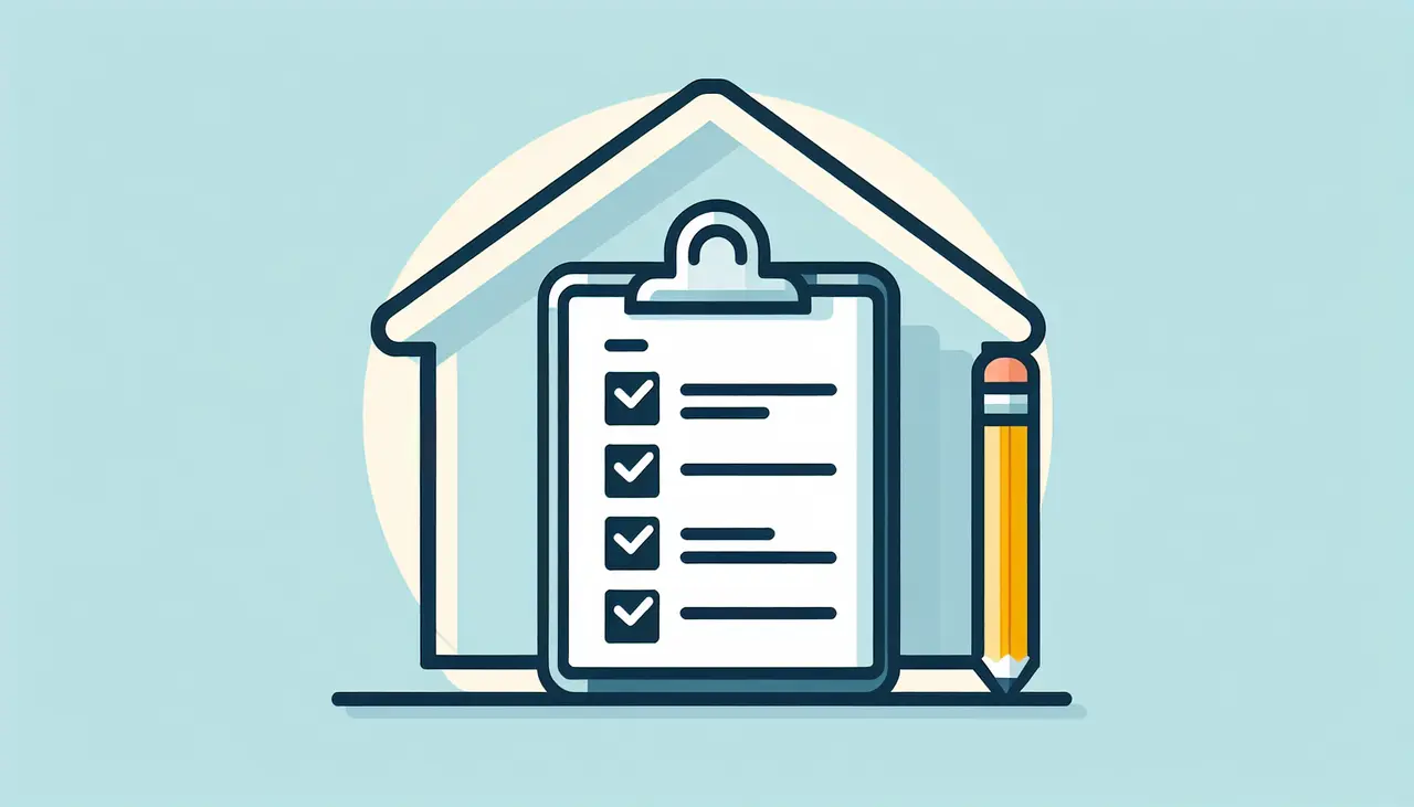 Draw a graphic in flat design style. A flat design illustration of a clipboard with a checklist and a pencil, set against a background of a simple house outline.